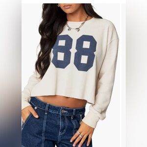 NWT Edikted Cream Crop Top with Navy Graphic
